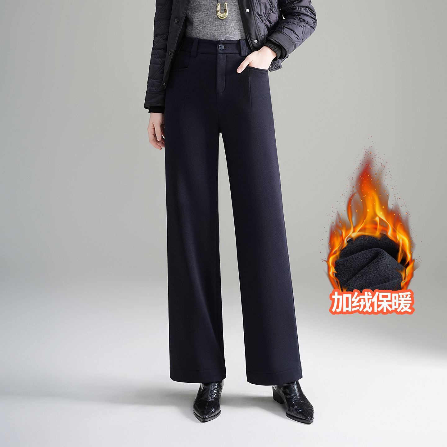 时尚加绒加厚休闲阔腿裤女2025秋冬新款韩版高腰直筒简约休闲裤