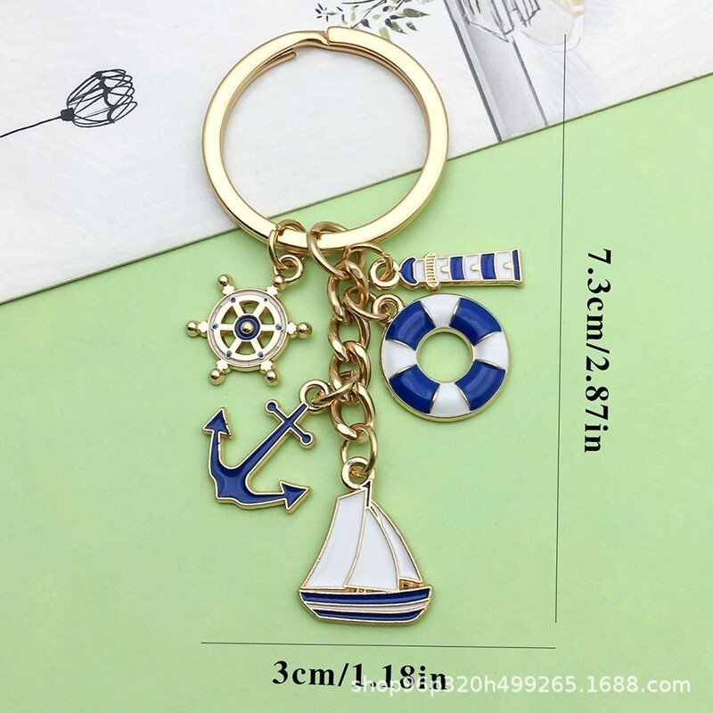 Cross-Border Oil-Drip Red Sailboat Lighthouse Lifebuoy Rudder Anchor Keychain Creative Jewelry Key Pendant