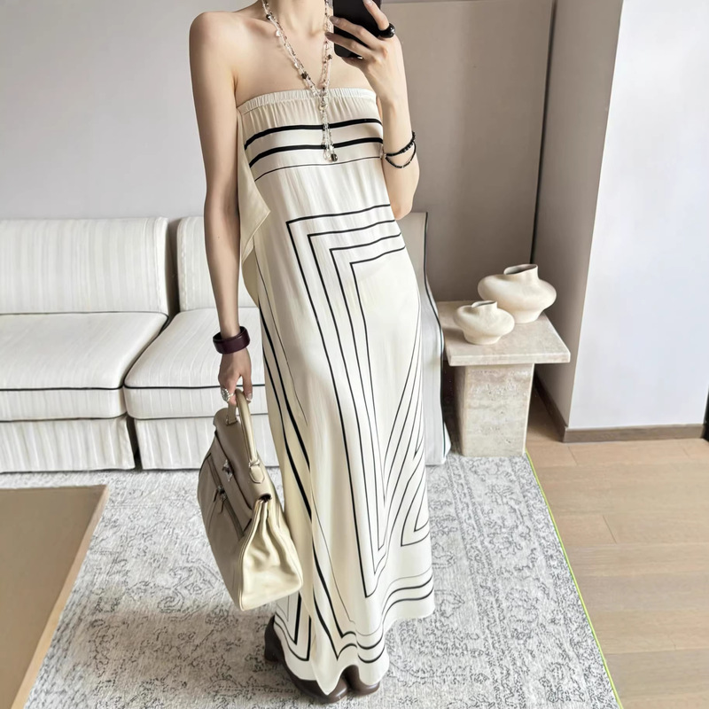 Correct Version! the Artm Mulberry Silk Striped Geometric Print Vacation Wrap-Style Tube Dress for Women Correct Version! the Artm Mulberry Silk Striped Geometric Print Vacation Wrap-Style Tube Dress for Women