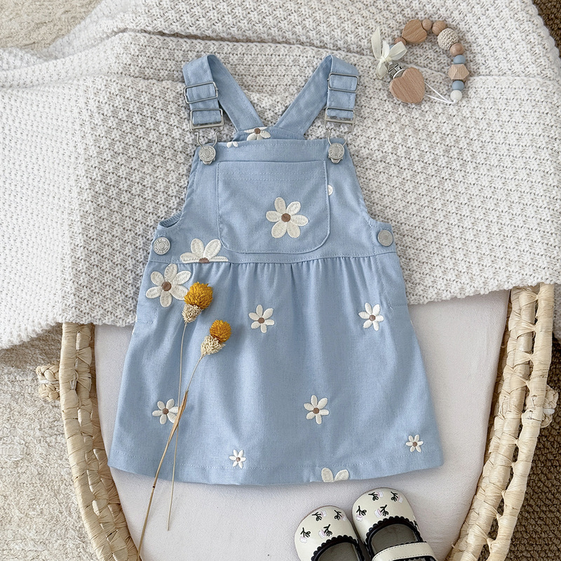 2025 Summer Cute Flower Embroidered Strap dress Blue Princess Style Loose Girl Comfortable Dress