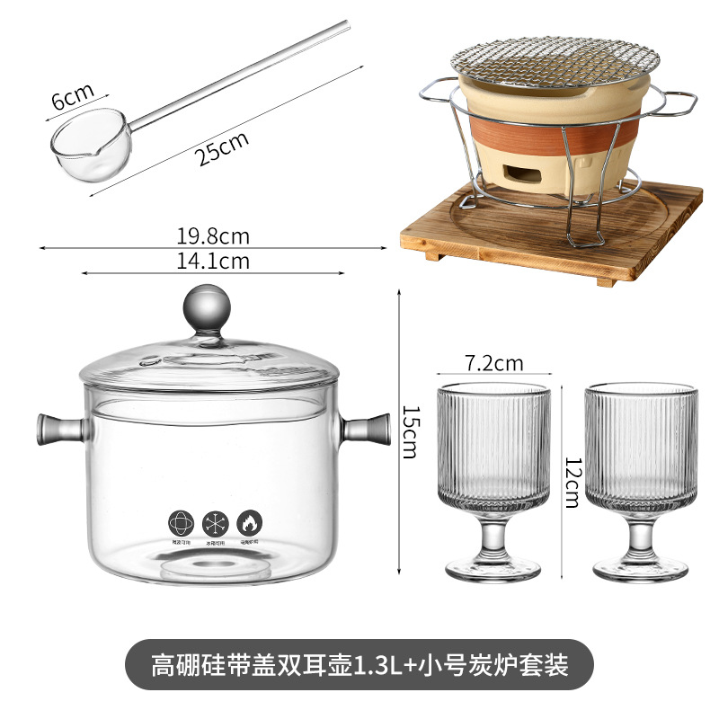 뚜껑이 있는 높은 붕규산 이중 귀 주전자 1.3L(스푼, 컵, 스토브 포함)