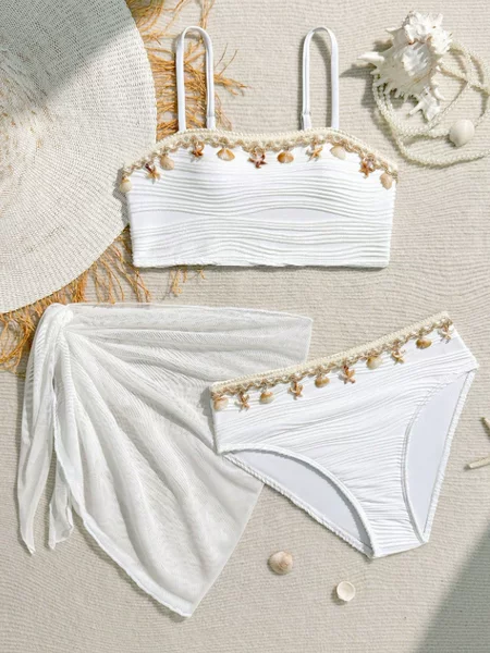 2026 New Children's Swimsuit Girls' Two-Piece Swimsuit Cute Shell Decoration Three-Piece Set Beach Vacation Swimsuit