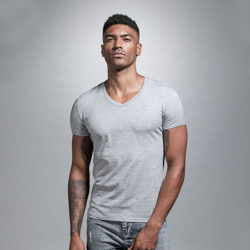Summer Solid Color V-Neck White T-Shirt Tight Plus Size Base Shirt Men Short Sleeve Heart Collar White T-Shirt for Layering Slim Fit Base Shirt