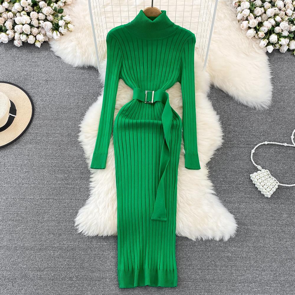 Women's Clothing autumn and winter sweater bottoming long skirt style goddess style high waist elastic tight knitted hip covering dress_voghion.com