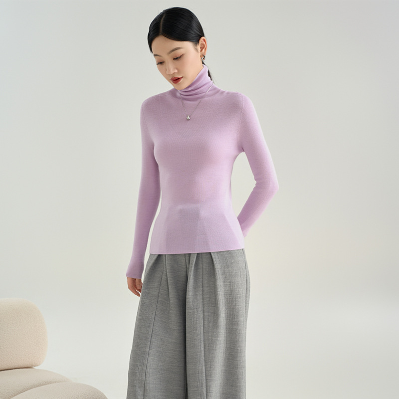 100羊毛可机洗羊毛衫女高领一体成型无缝毛衣百搭薄款针织打底衫