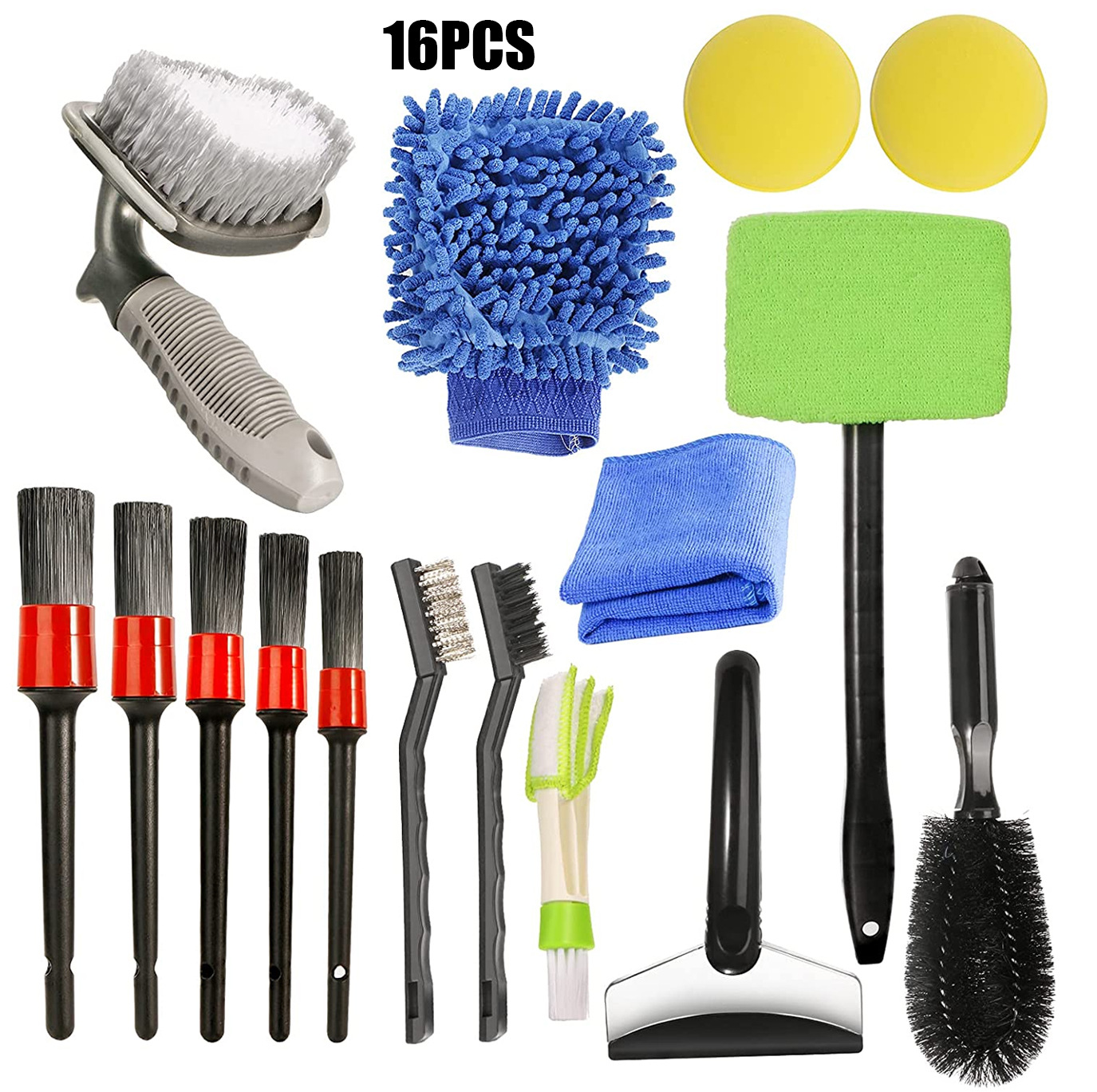 Kit de cepillo de limpieza de coche de 16 piezas traje de cepillo de belleza de coche cubo de rueda cepillo de limpieza herramientas de Interior de coche