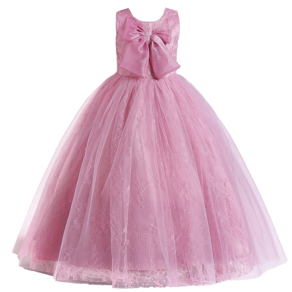 Niñas de encaje arco grande cumpleaños etapa rendimiento vestido de noche medio y grandes niños rendimiento largo mullido vestido lote
