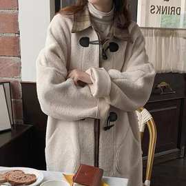 冬季新款假两件羊羔绒外套加厚慵懒风牛角扣纯色宽松中长款大衣女