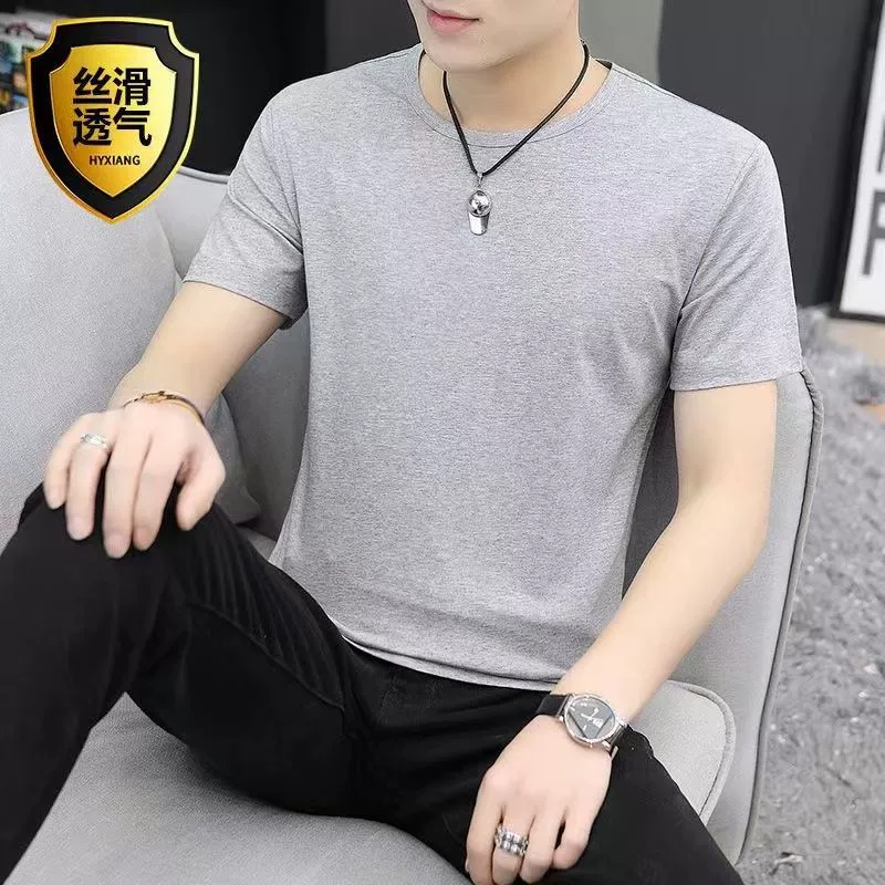 Сплошной цвет многоцветный выбор футболки с короткими рукавами мужской 2024 новый летний круглый вырез с полукрувом серый тонкий тонкий короткий T мужской стиль