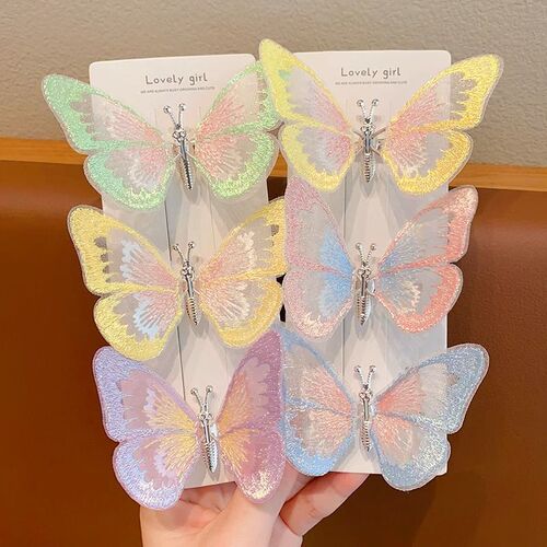 Summer children's moving big butterfly hairpin, cute and sweet embroidered hairpin headdress, little girl's antique side clip