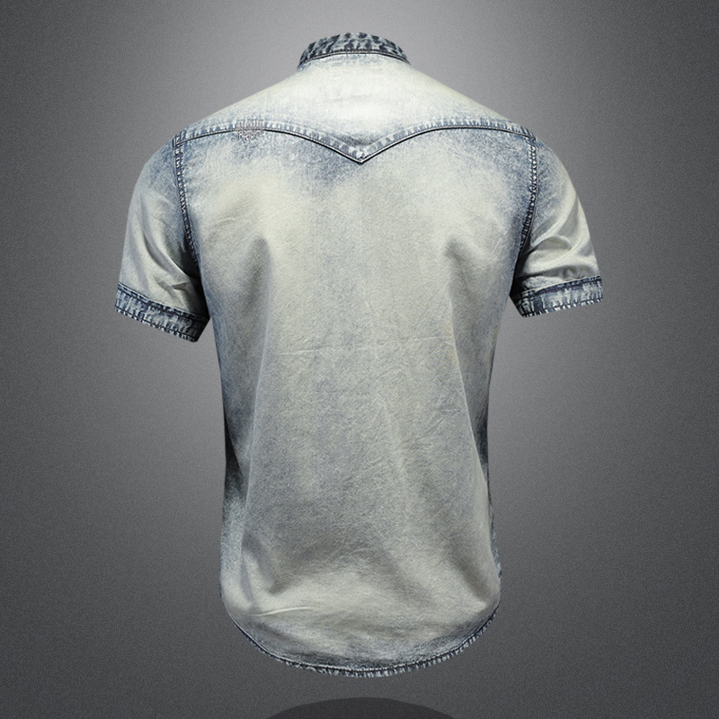 Camicia da uomo a maniche corte con colletto alto, stile europeo e americano per il commercio estero, camicia slim fit in denim lavato vintage per_voghion.com
