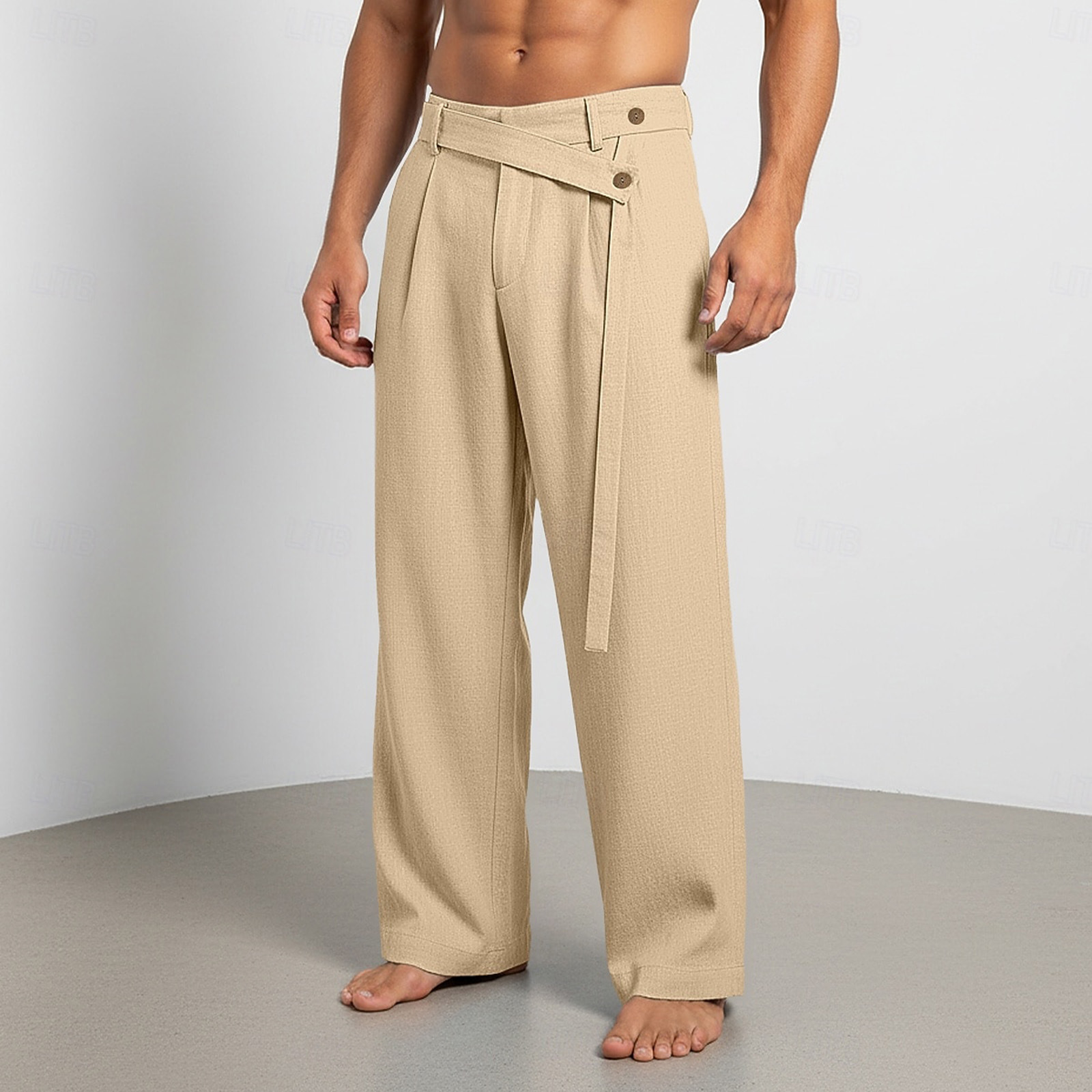 Men's Solid Color Linen Pants Simple Loose Fit High End Straight Leg Casual Midweight Polyester Long Trousers_viptrois.com