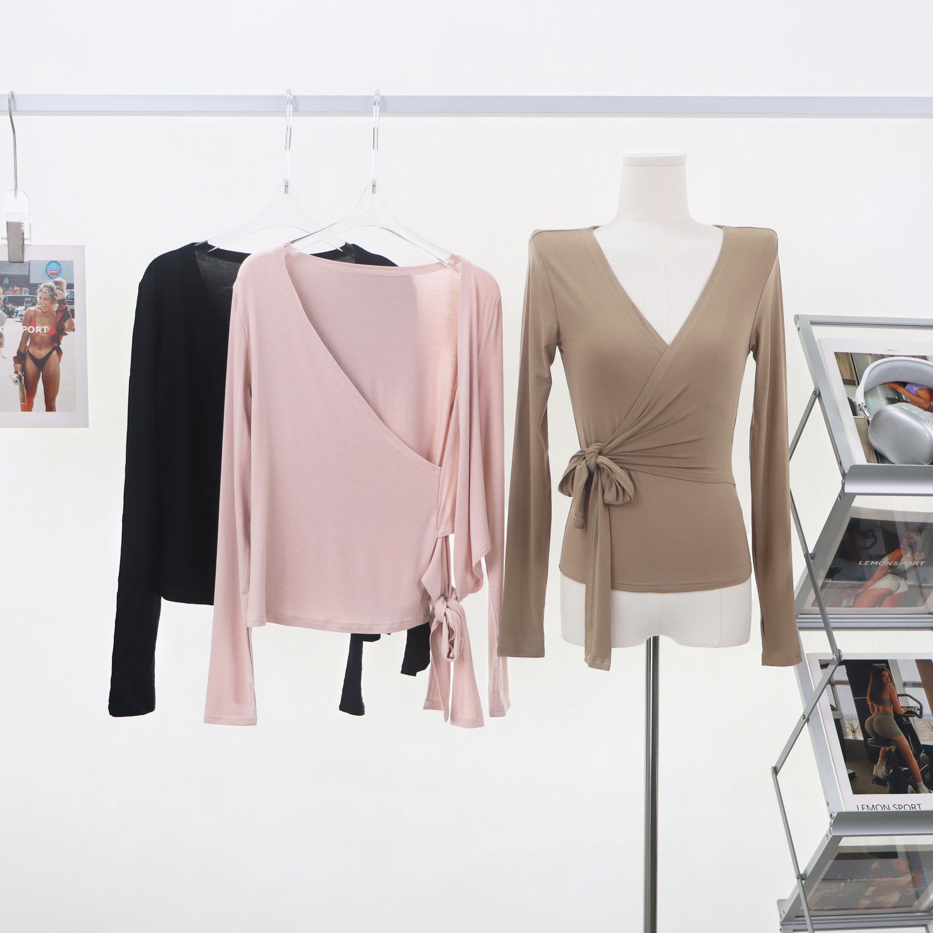 lulu bow fitness top long-sleeved yoga clothes women's slim-fit dance quick-drying pink high-grade sports blouse