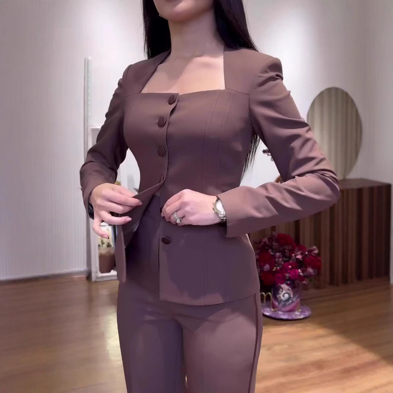 2024 European and American Spring and Summer Cross-Border Foreign Trade Women's Elegant Slim-Fit Blazer Square-Neck Top Straight-Leg Pants Commuter Suit