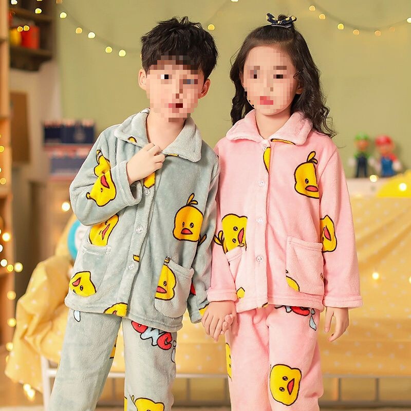 Children's Pajamas Autum New Set Flannel Little Yellow Duck Girls Boys Middle and Large Kidsren Baby Winter Home Clothes