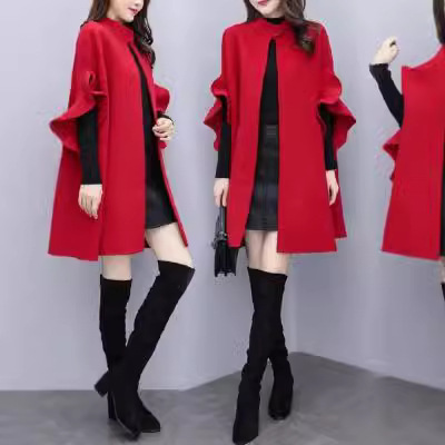 新款女装春秋冬大码中长款毛呢外套女红色英伦A字斗篷呢子大衣潮