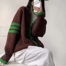 秋冬新款毛衣女2023撞色條紋拼接拉鏈寬松顯瘦立領針織衫女裝外套