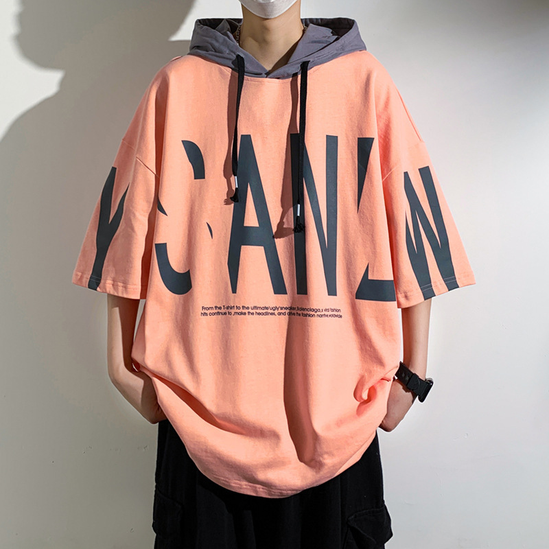Camiseta de manga corta encapuchada de moda masculina de verano suelta ropa de estilo portugués marca de moda camiseta de manga media delgada de moda