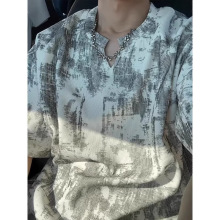 设计感扎染V领短袖T恤男士夏季美式小众宽松ins潮牌休闲半袖上衣