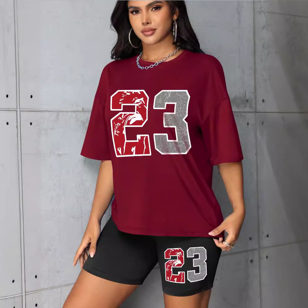 Women's Plus Size Summer Fashion Set Short Sleeve Breathable Two Piece Number Print England Style_voghion.com