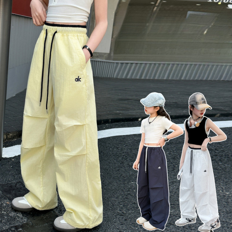 Girls' Summer Thin Ice-Feel Quick-Dry Cargo Pants Cool and Stylish Versatile Wide-Leg Pants Mosquito-Proof Pants for Middle School Students