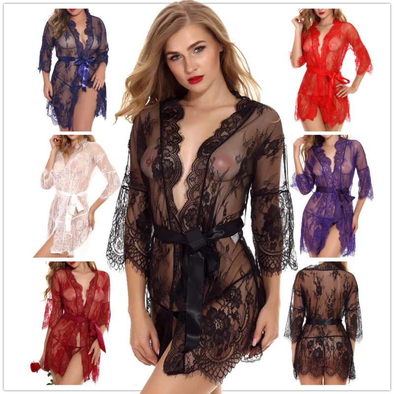 Fat woman's European and American Sexy Ladies lace kimono robe sexy underwear foreign trade Amazon supply S-4XL
