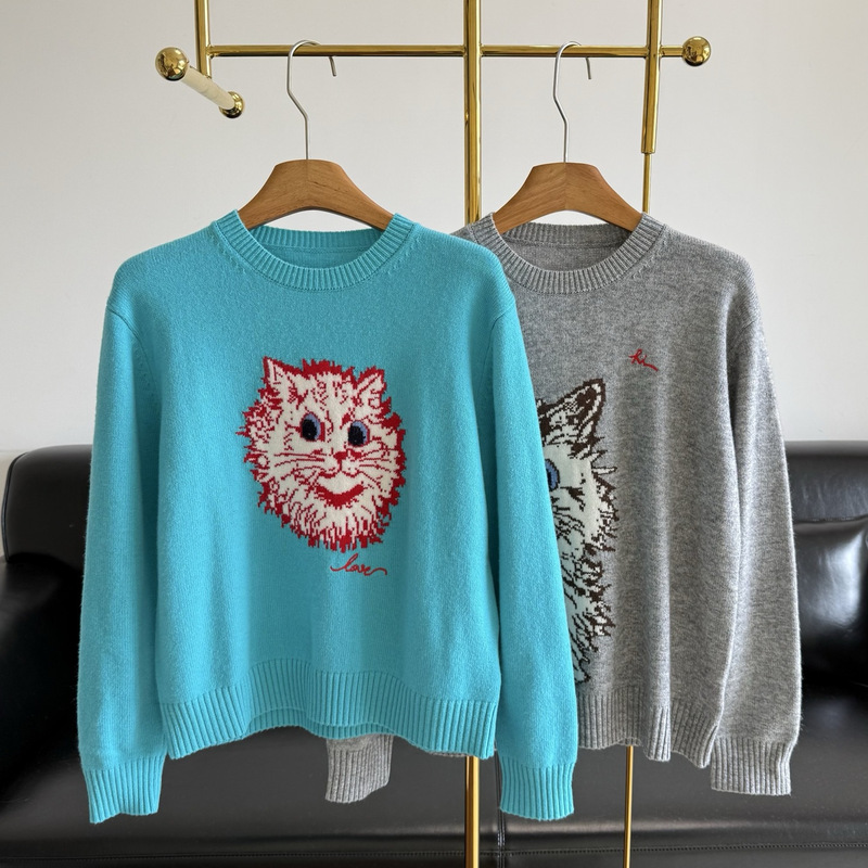 ER* Early autumn new collection: round-neck cat-patterned knit sweater, featuring a relaxed cat design. 100% merino wool, women's style