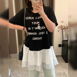 2026夏季新款大码女装新款上衣设计感花边拼接圆领短袖女t恤W-296