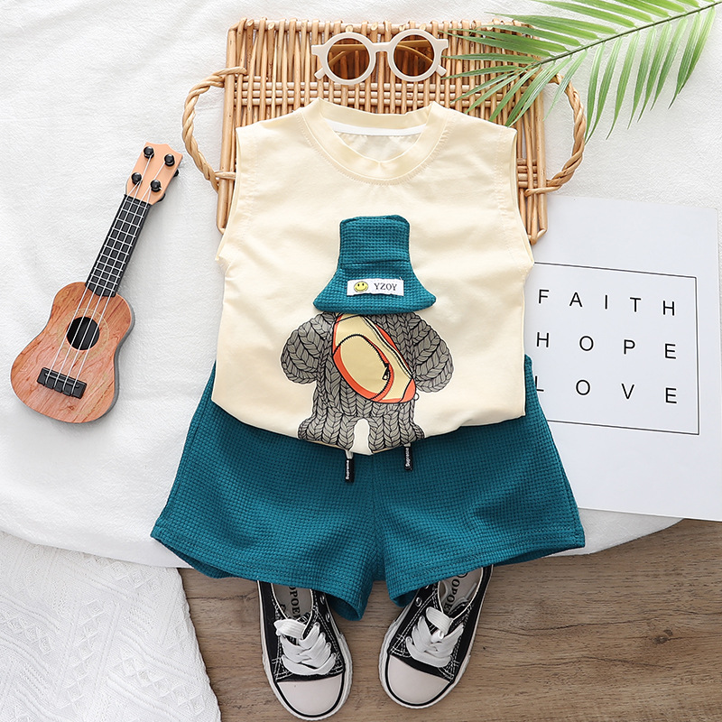 208g Weight Kids Clothing Sets Children's Clothing Type Sleeveless Sleeve Length Cotton Fabric Type Pants Sets Sets Type 2 Pieces Set Quantity Daily Occasion U Neck Neckline Regular Fit Fit Type Cartoon Pattern Summer Season Boy'S Gender Cute Style Cute Cartoon Cotton Boys Clothing Sets 5