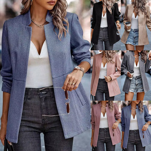 2024 Amazon AliExpress New Autumn and Winter Simple Fashion Casual Solid Color Suit Cardigan Jacket Women's Clothing
