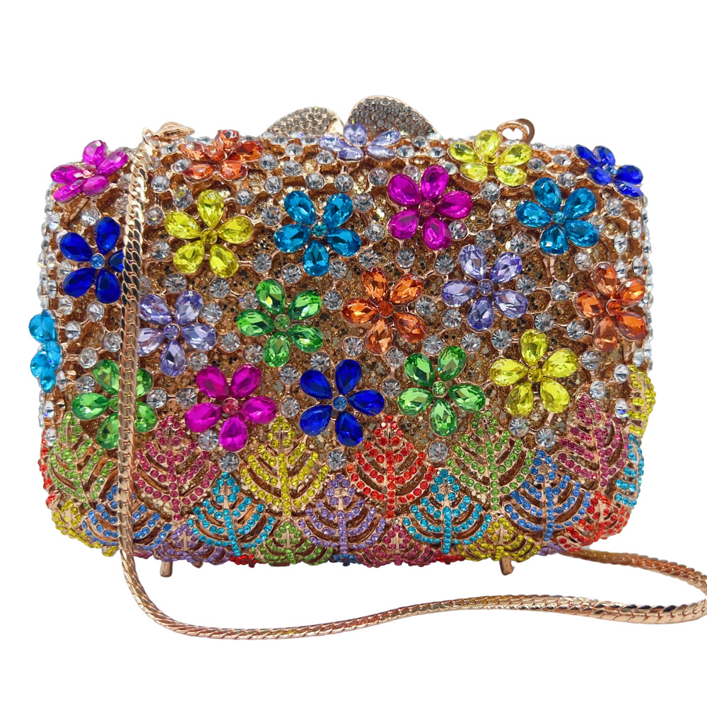 Túi clutch nữ đính kim cương nhân tạo họa tiết hoa tử đinh hương, cầm tay dự tiệc — Màu hồng, Hoa violet, Đế vàng kim cương, Màu bạc chi tiết 1