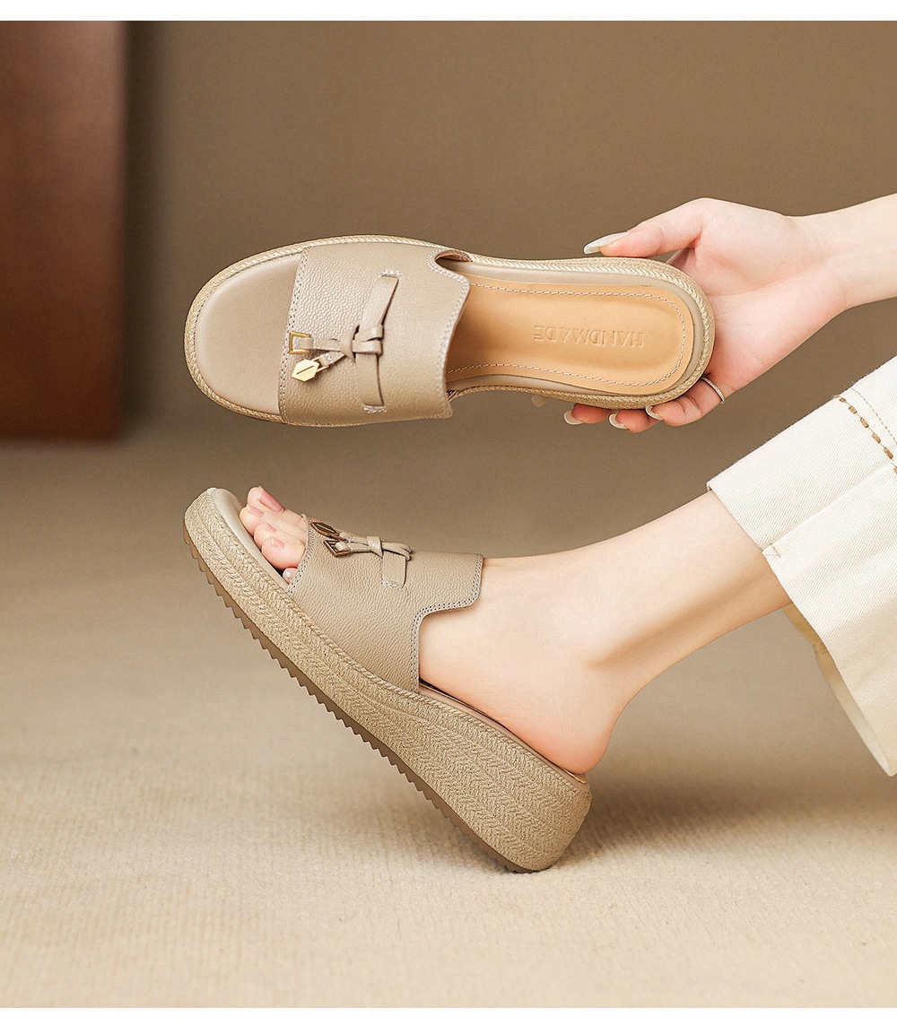 Dép sandal nữ xỏ ngón đế bệt da dê đế dày mùa hè — màu trắng ngà chi tiết 3