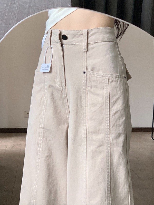 杏色工装牛仔裤女春秋季慵懒松弛感高腰直筒显瘦弯刀镰刀阔腿裤子|undefined