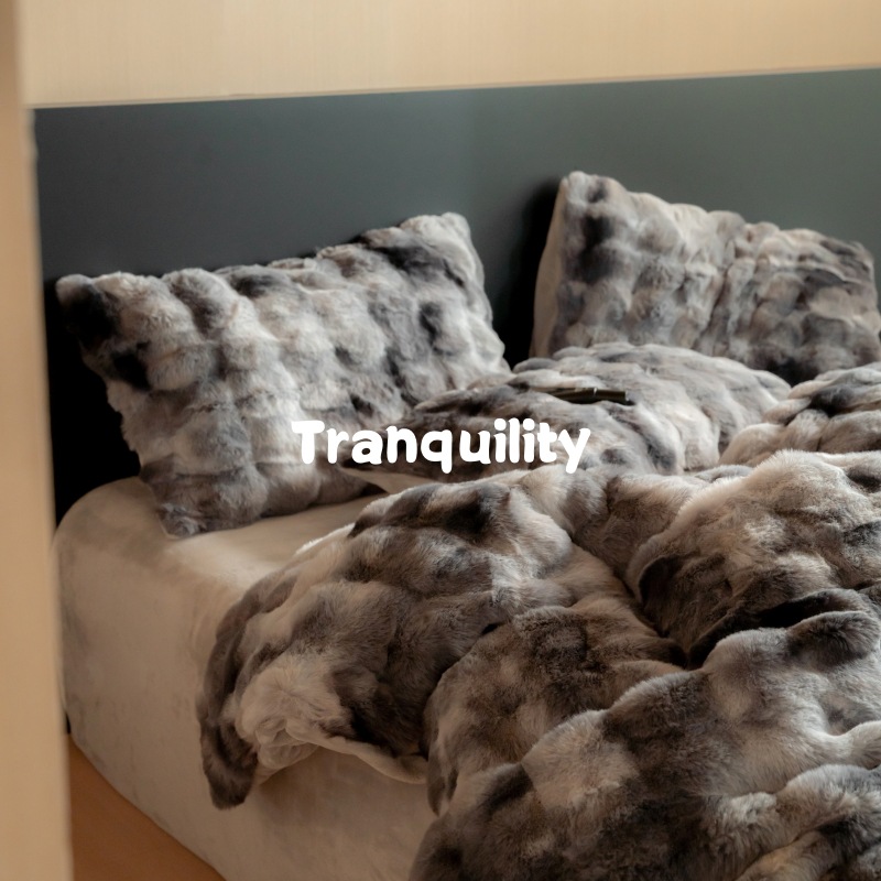 恬谧生活 秋冬加厚轻奢扎染皮草风兔毛牛奶绒保暖床上四件套床F^