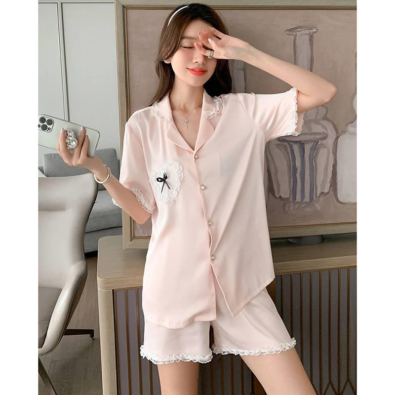 Summer Silk Ice Silk Thin Silk Pajamas Women's Short-sleeved Shorts Sweet Lace Outer Wearing Home Wear Suit