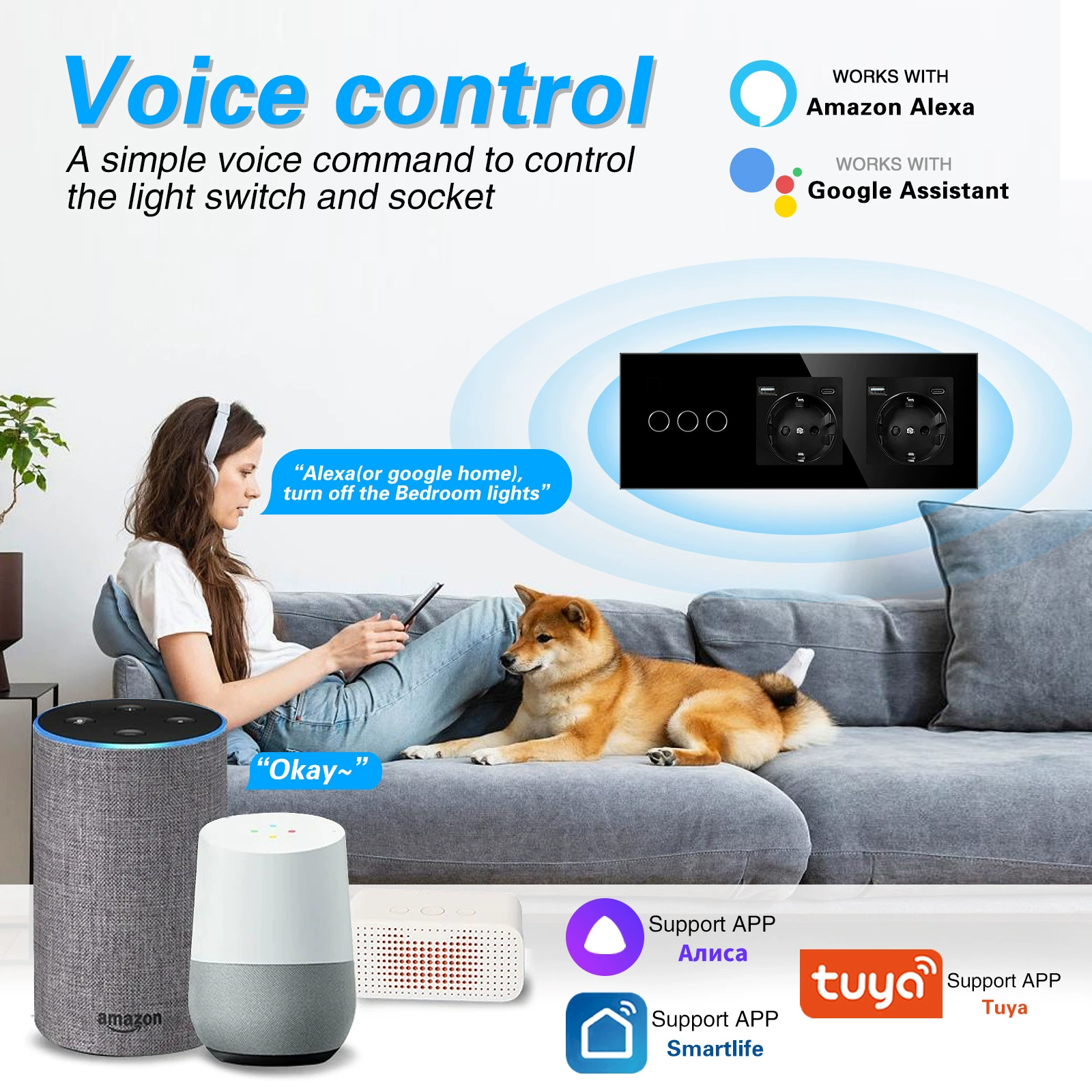 Type 228 European standard smart switch socket Slimper glass panel Alexa voice graffiti app zero fire switch batch