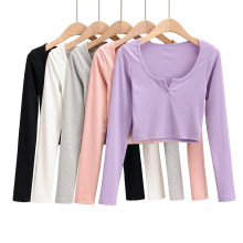 YPFF新款秋季纯色修身小V领长袖打底衫欧美风性感短款露脐T恤上衣