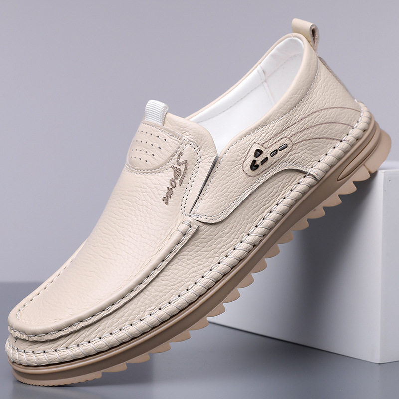 Giày lười nam da bò lớp đầu cỡ lớn, mũi tròn, đế bằng, phong cách casual — Màu nâu, Màu trắng ngà, màu đen