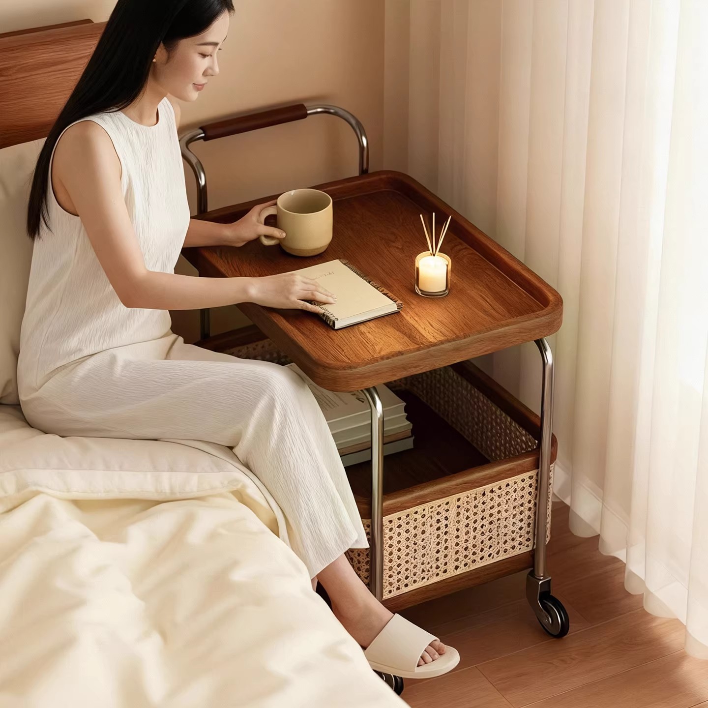 Cama de lado pequeño lado móvil dormitorio pequeño estilo medieval casa de madera sólida mesilla de cama red
