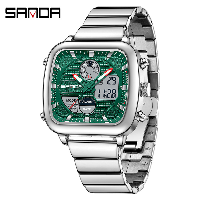 SANDA SANDA 9101 reloj de despertador impermeable para hombres reloj de pulsera clásico de acero cuadrado multifuncional luz nocturna reloj electrónico para hombres