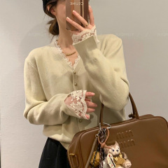 法式拼接蕾丝针织衫韩系假两件毛衣开衫女秋冬款宽松外套上衣开春