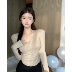 昕可达 长袖T恤女夏季新款修身显瘦打底衫正肩短款上衣