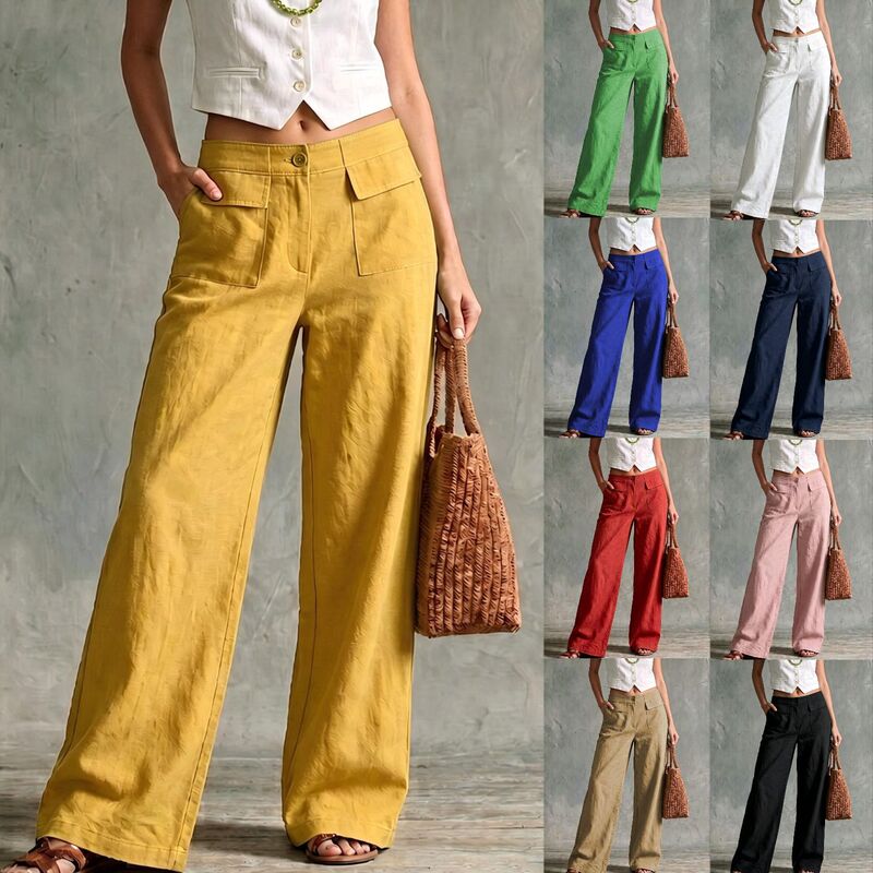 2026 Women's Autumn New Collection: European and American Style Pants, Amazon, Solid Color, Cotton-Linen Blend, Loose-Fit, Casual, Wide-Leg Long Pants, Women's Export Style