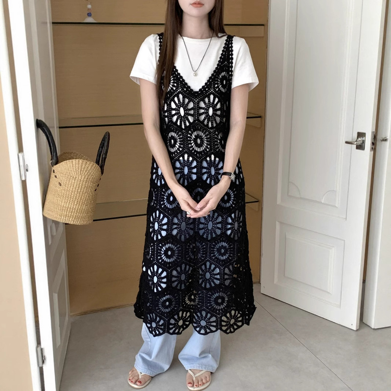 Bohemian Ethnic Style Mid-Length Dress with Hollow-Out Round Neck, Embroidered Small Straps, Sleeveless Dress for Women
