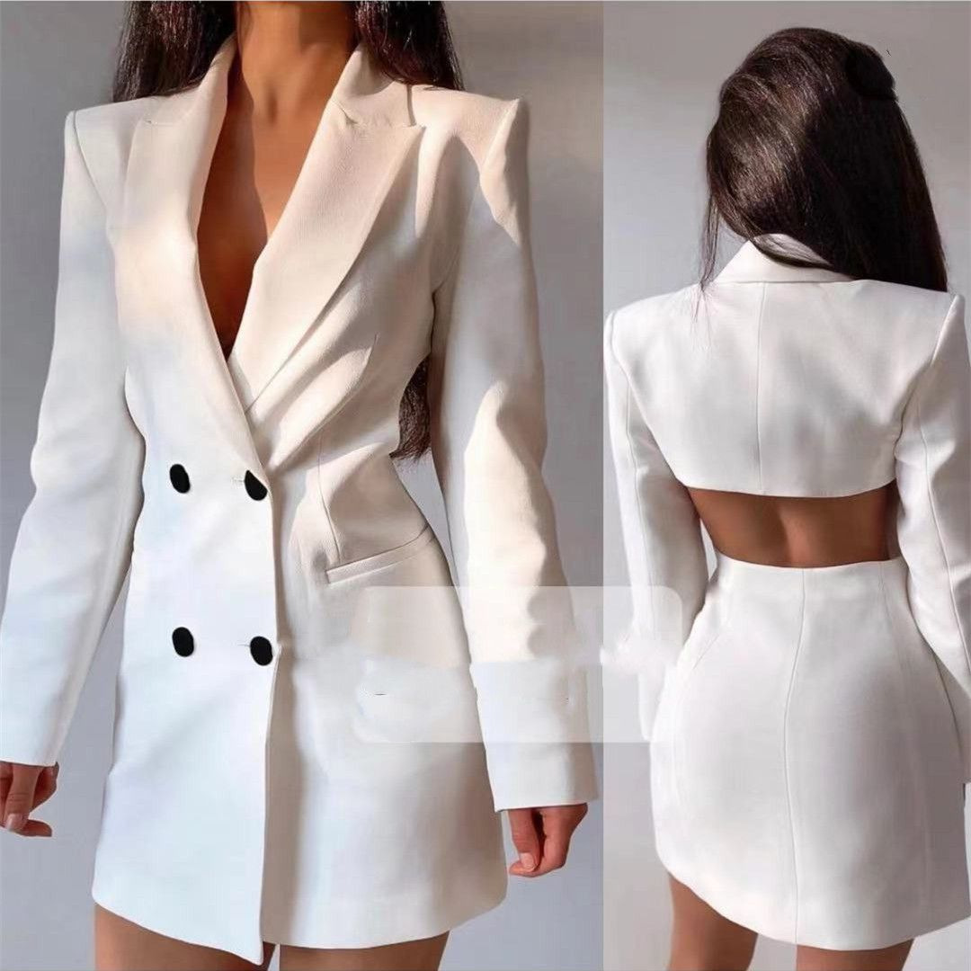 2025 Autumn New European and American Commuting Backless Double-Breasted Suit Dress Aliexpress Amazon Solid Color Suit in Stock