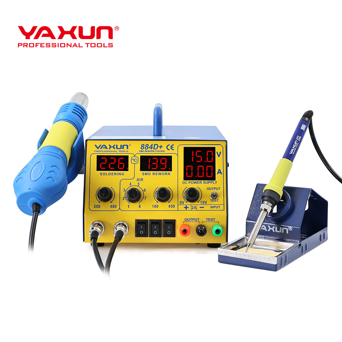 YAXUN884D+拆焊台数显温控15V2A稳压电源热风枪电烙铁多功能焊台