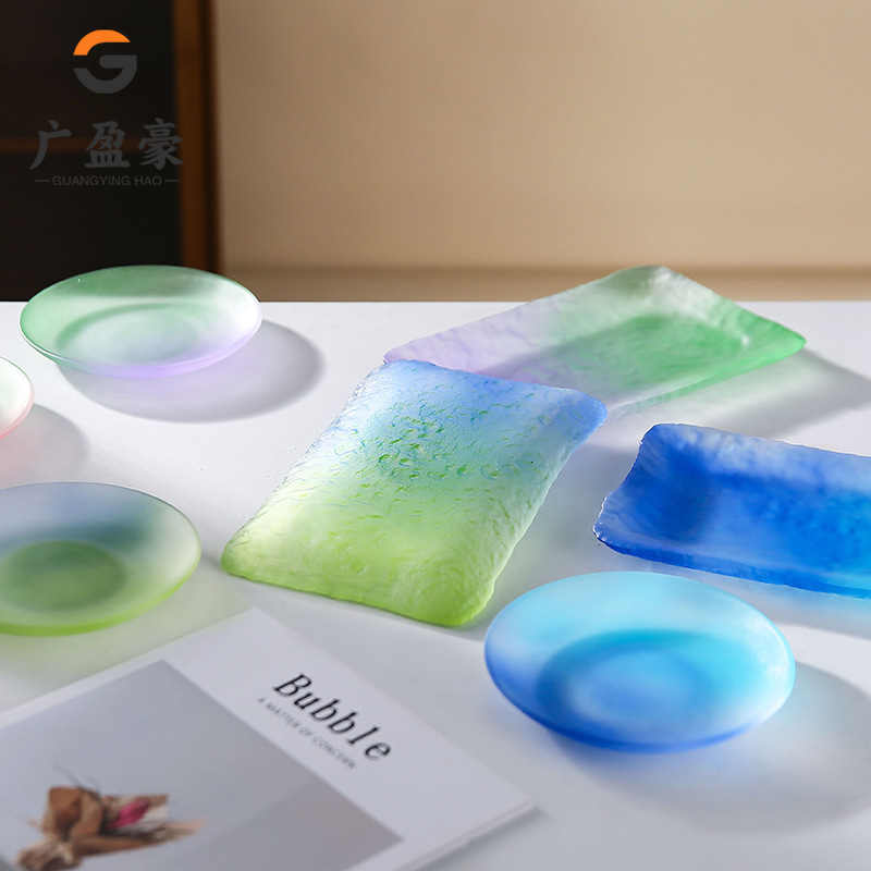 Creative Frosted Colored Glass Round Plate for Desserts and Sushi, Gradient Color Trendy High-Appearance Square Fruit Plate for Home Use