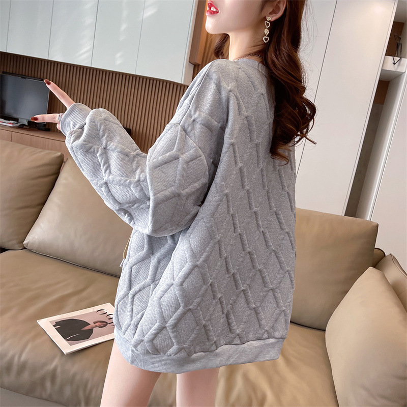 Damen Jacquard Sweatshirt Mit Bindeband Mittellang Locker Geschnitten_voghion.com