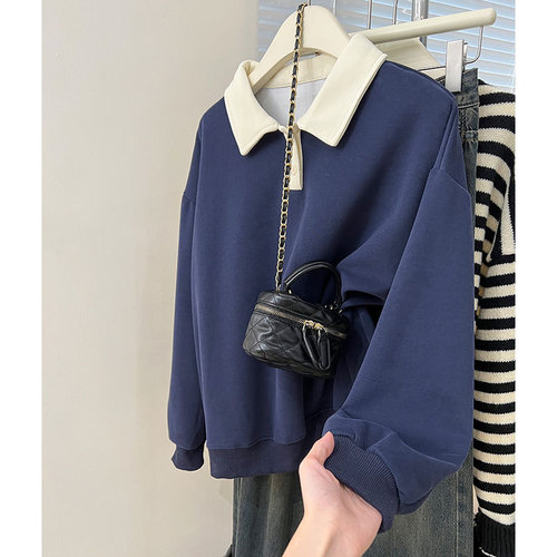 American Retro Color-block Polo Neck Sweatshirt for Women 2025 Spring and Autumn Design Focused Minority Loose Long Sleeve Top Trendy