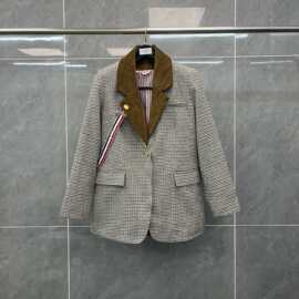 潮流TB冬季款千鸟格纹西装两件套经典格纹+棕色翻领女款西服外套